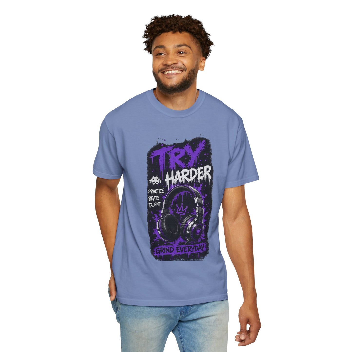 Try Harder Graphic T-Shirt — 'Try Harder' Headphones Motivational Tee