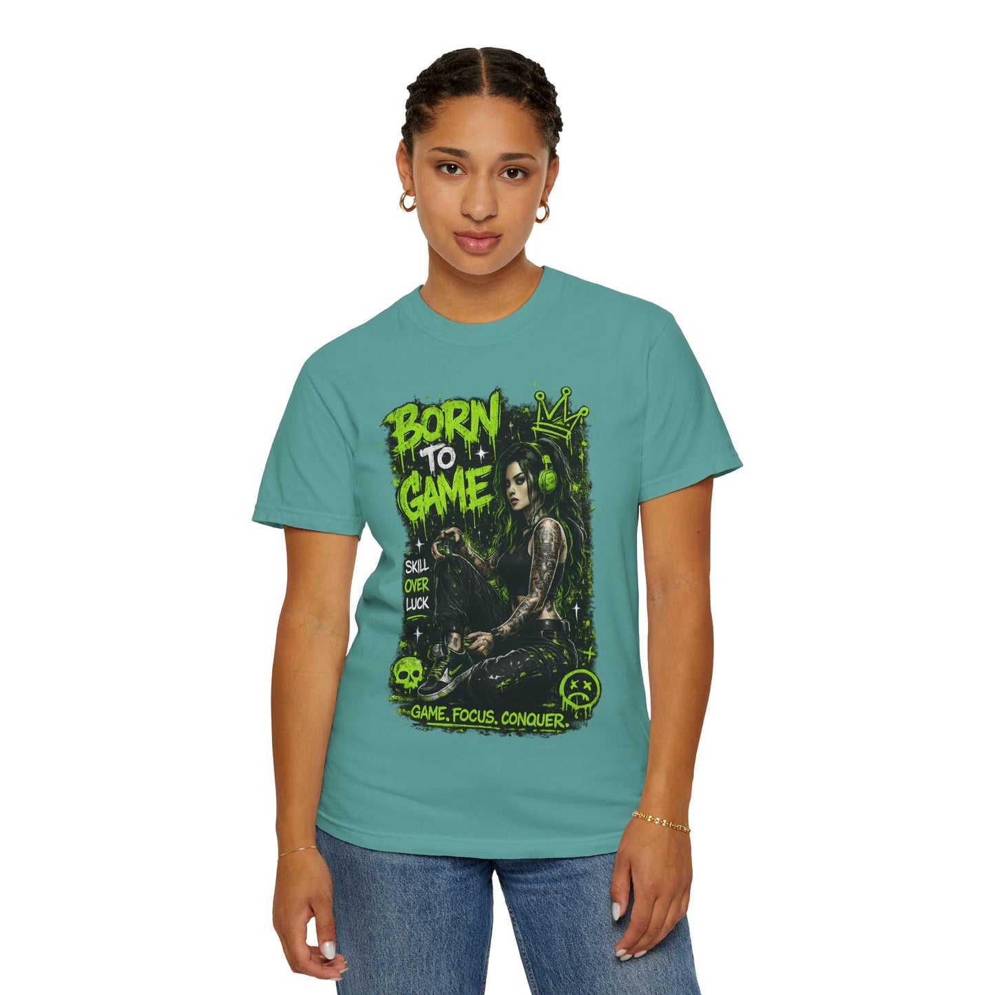 Born to Game Graphic T-Shirt — Gamer Skull & Neon Green Design