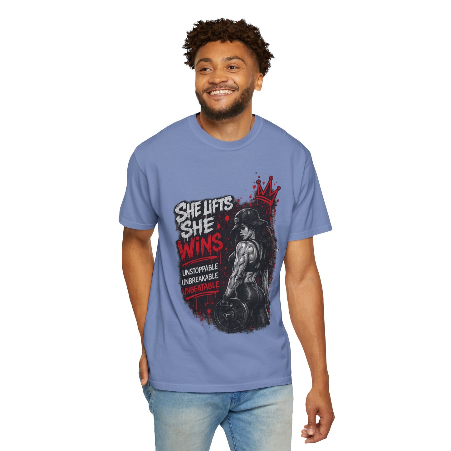 She Lifts She Wins T-Shirt — Women’s Strength Fitness Graphic Tee