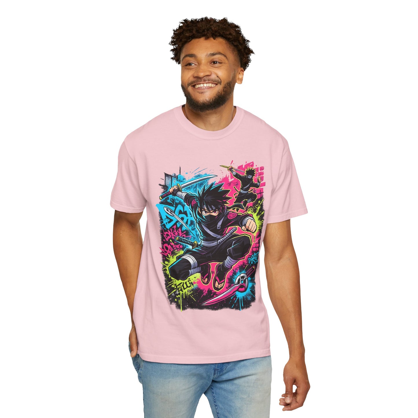 Anime Ninja Street Art T-Shirt — Neon Graffiti Graphic Tee
