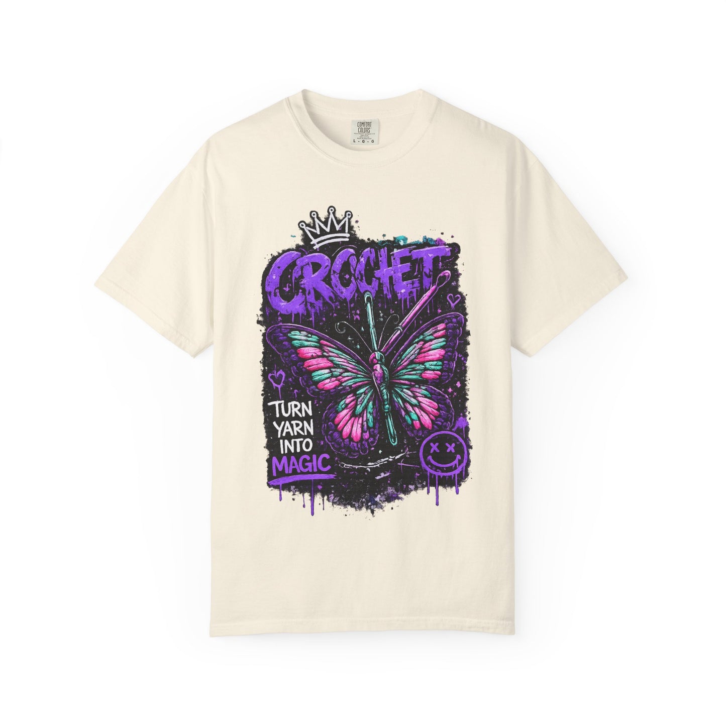 Crochet Butterfly T-Shirt — "Turn Yarn Into Magic" Graphic Tee