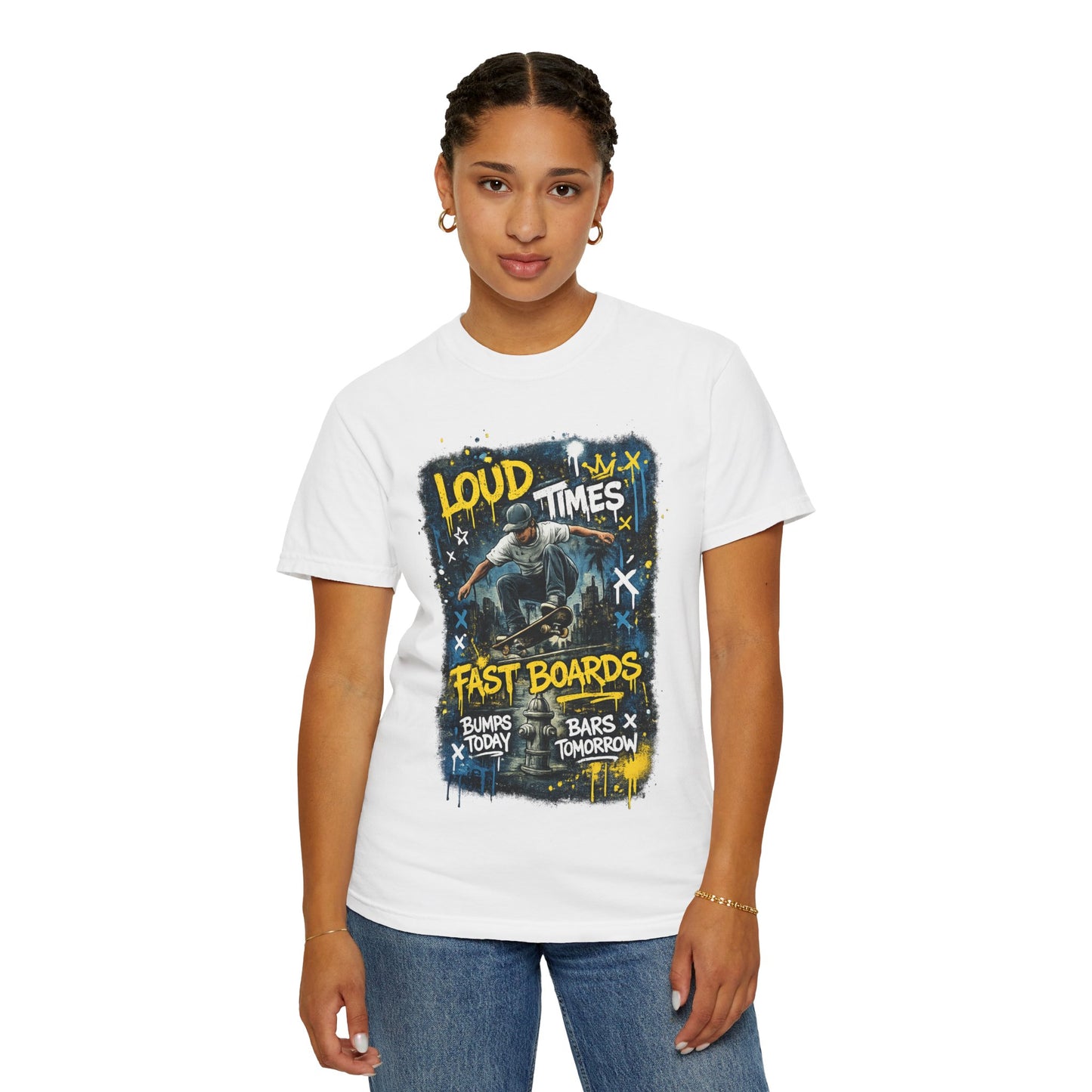 Skateboard Graphic T-Shirt — "Loud Times, Fast Boards" Vintage Skate Tee