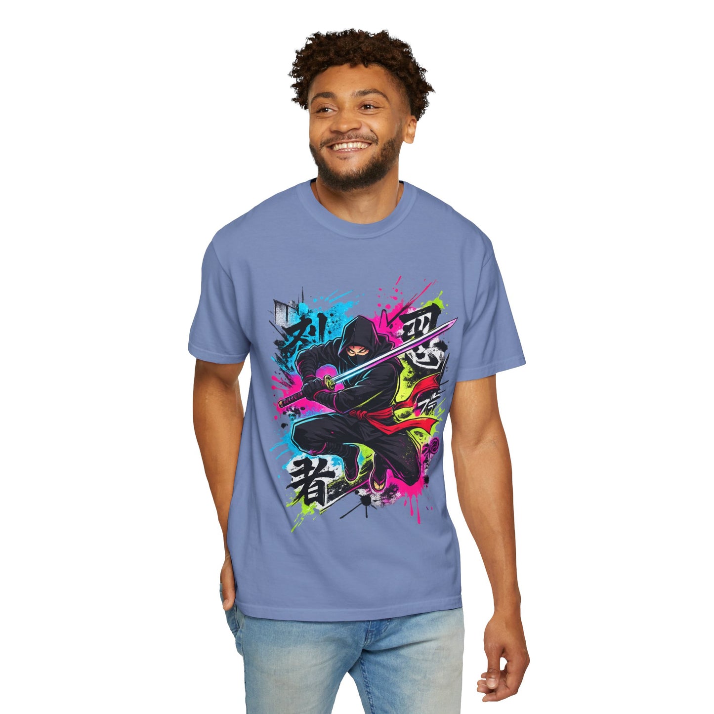 Neon Ninja Samurai T-Shirt — Vibrant Graffiti Sword Art