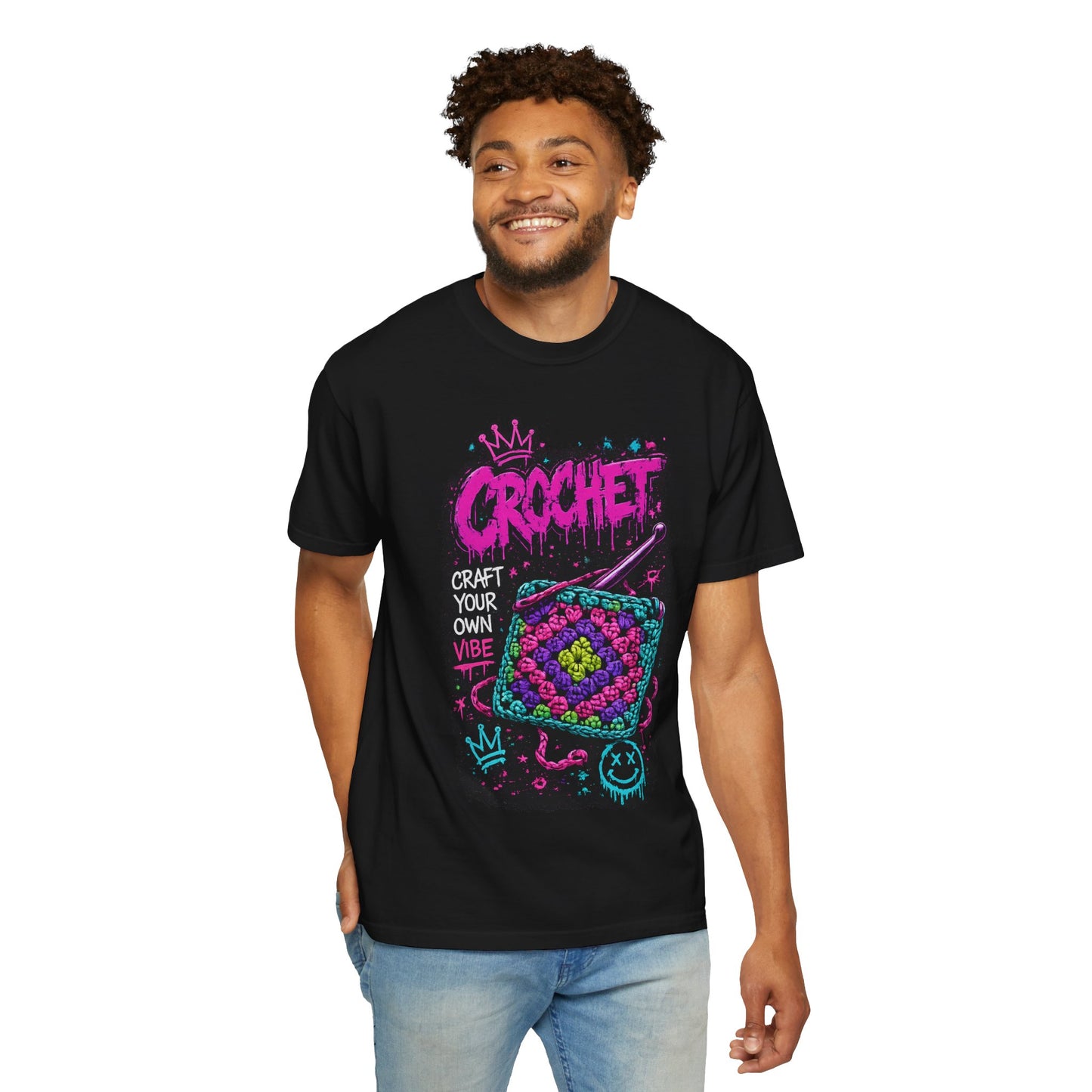 Crochet Vibes Graphic T-Shirt — "Craft Your Own Vibe" Retro Neon Crochet Design