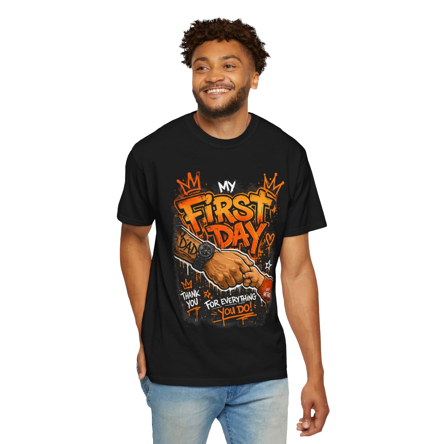 My First Day graphic T-shirt | Thank You Dad, hand shake illustration
