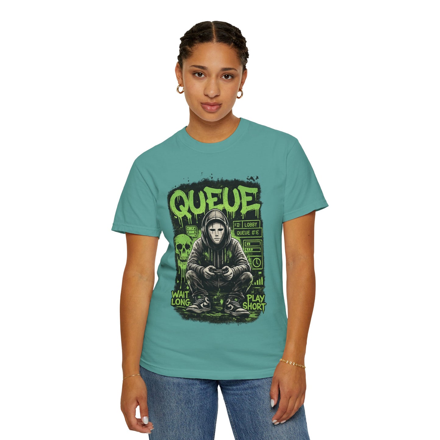 Queue Gamer Hoodie T-Shirt | Waiting Player Graphic Tee, Neon Green Skull Art