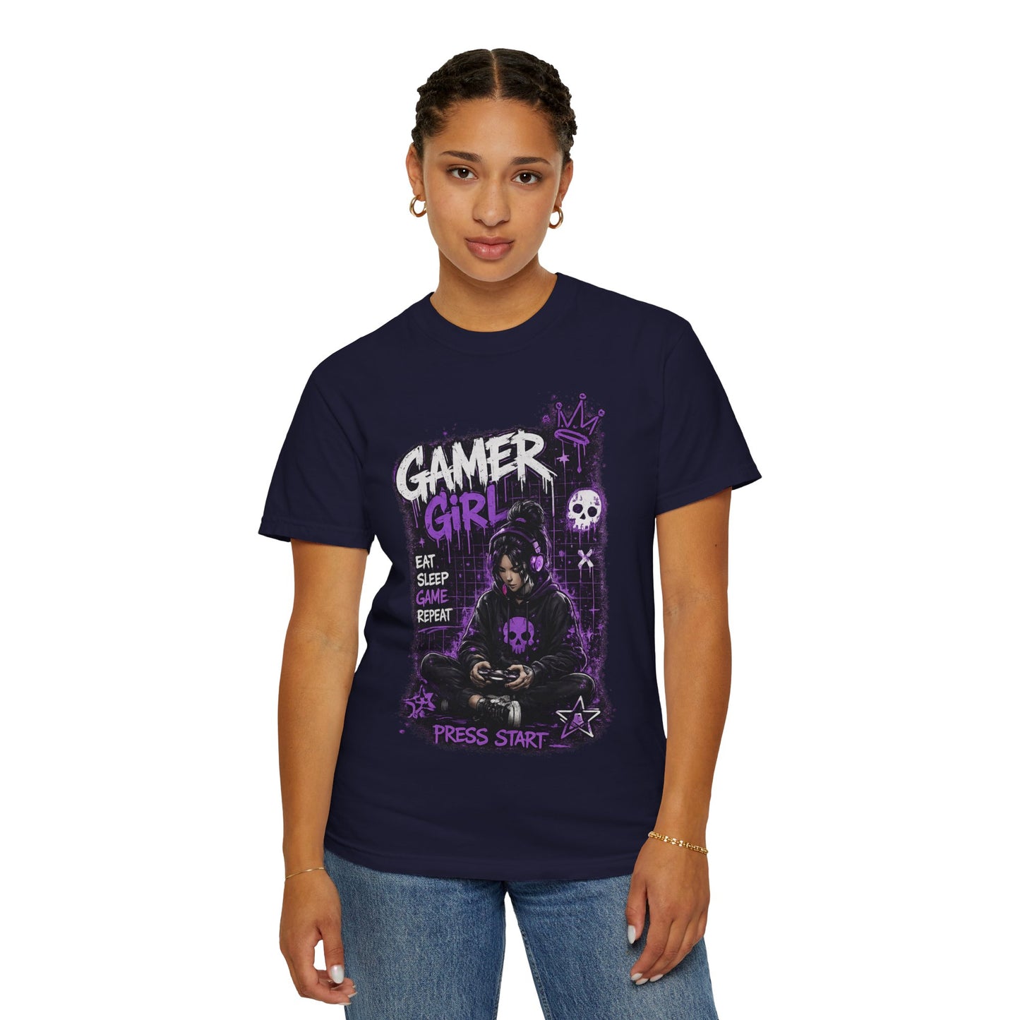 Gamer Girl T-Shirt — Retro Purple Gaming Graphic Tee ("Eat Sleep Game Repeat")