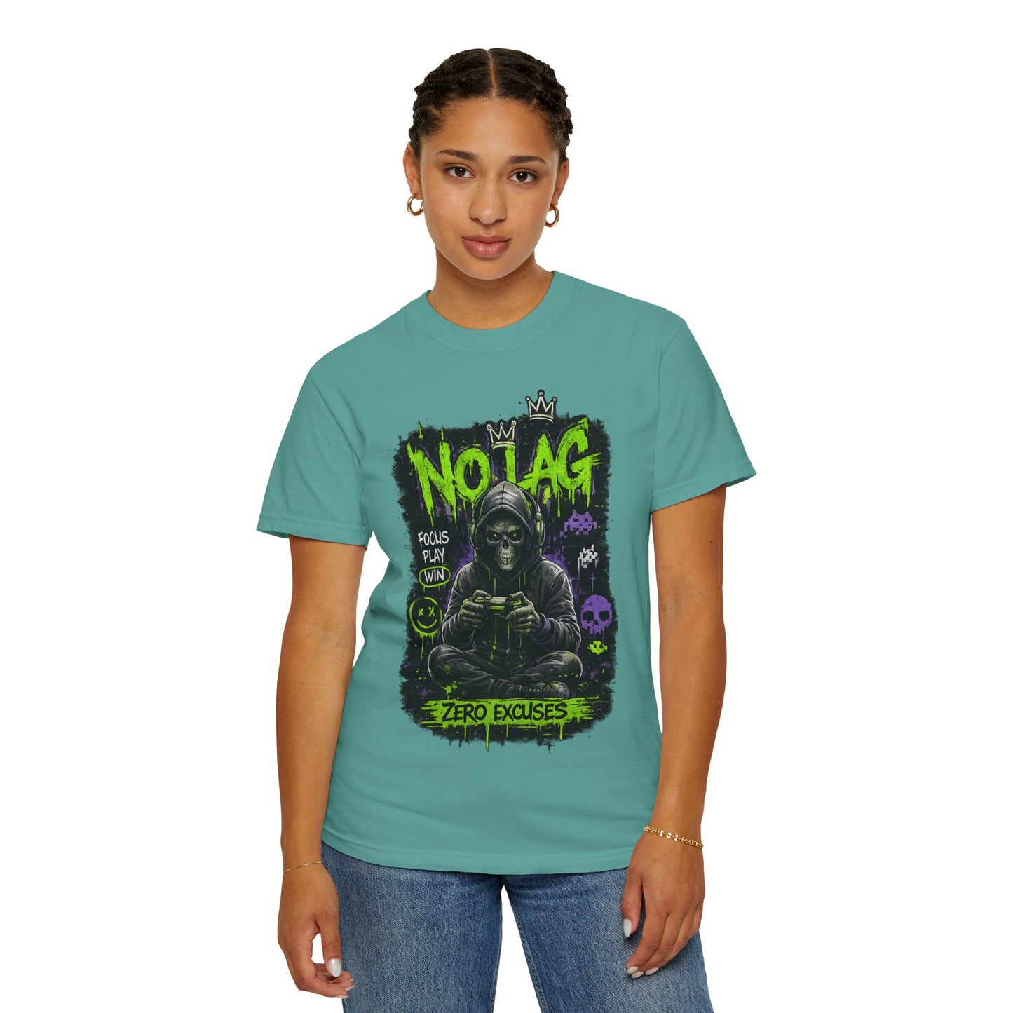No Lag Gamer T-Shirt — “Zero Excuses” Neon Skull Gaming Tee