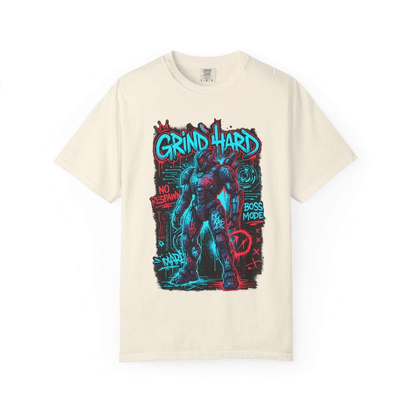 Grind Hard Gamer Warrior T-shirt | Neon Retro Gym Graphic