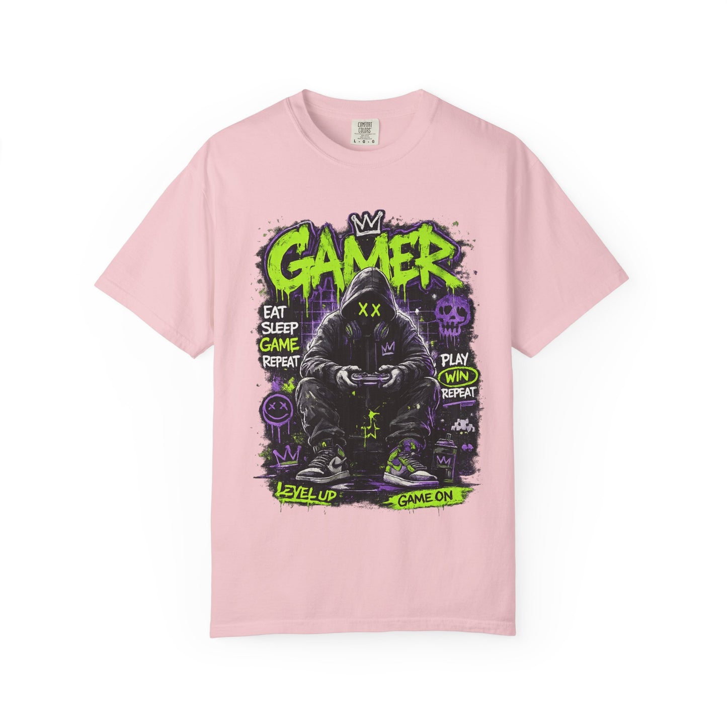 Gamer Hooded Figure Graphic T-Shirt | Neon Green Purple Streetwear