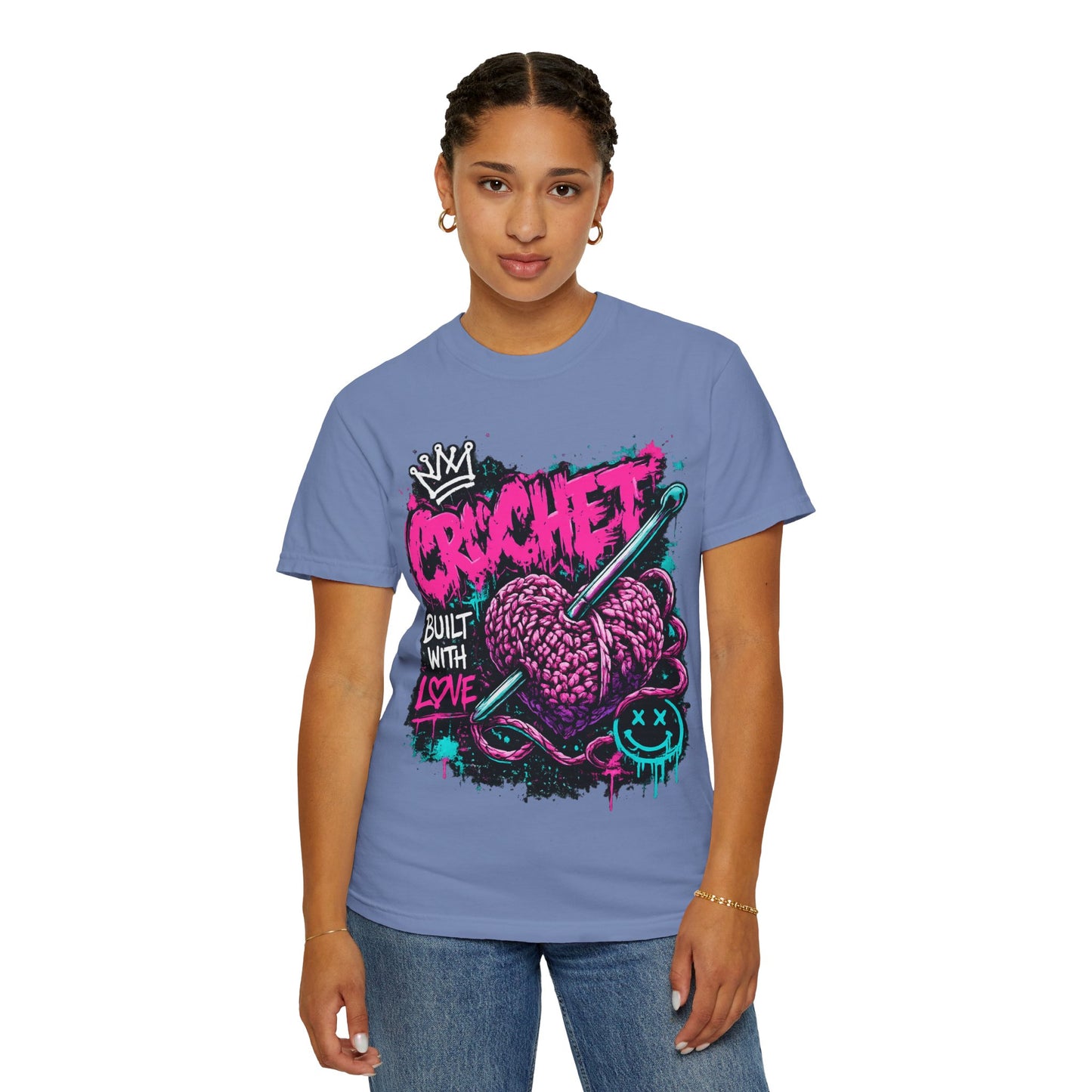 Crochet Built With Love T-Shirt — Retro Graffiti Heart Crochet Tee