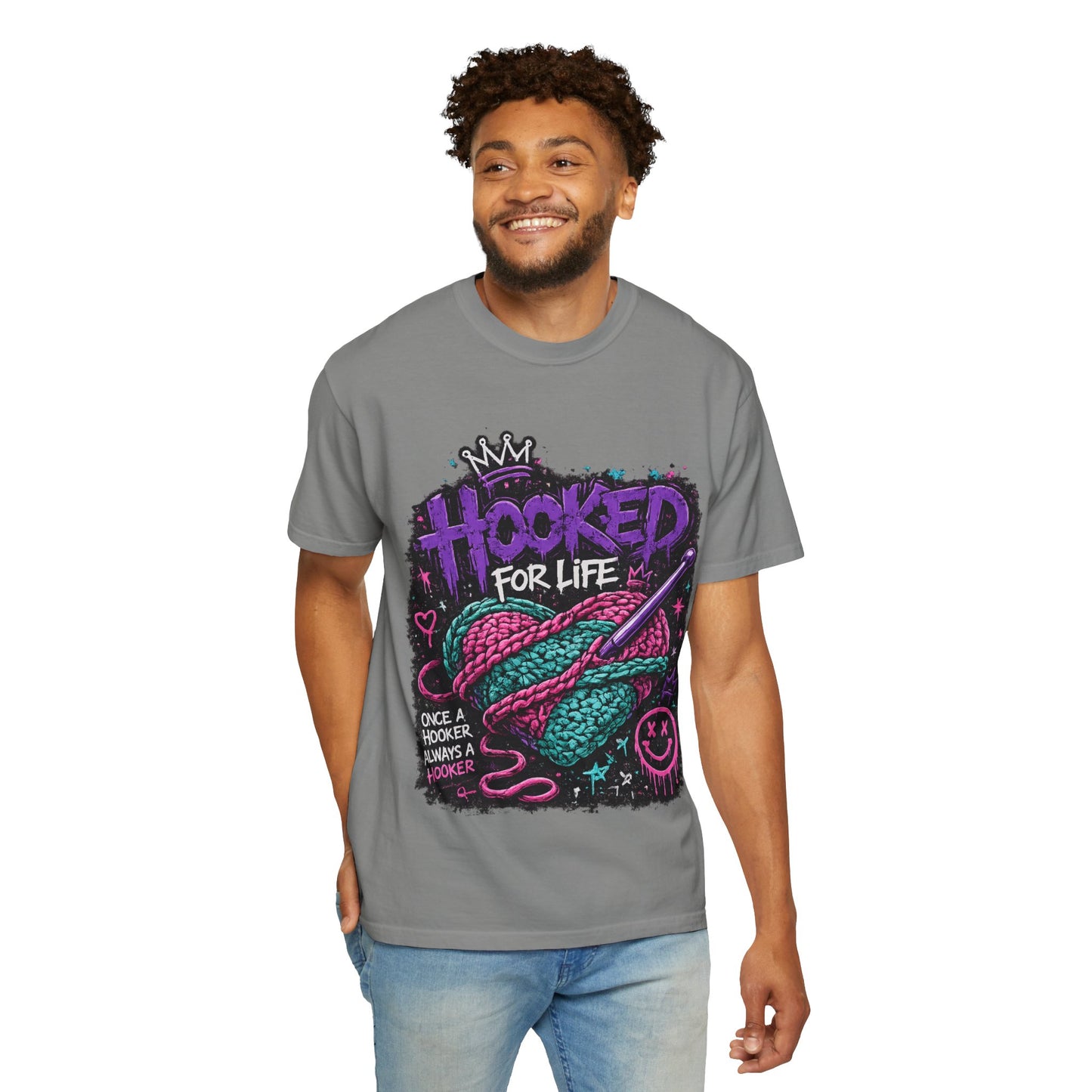 Hooked For Life Knitting T-Shirt — "Hooked for Life" Yarn & Crochet Graphic Tee