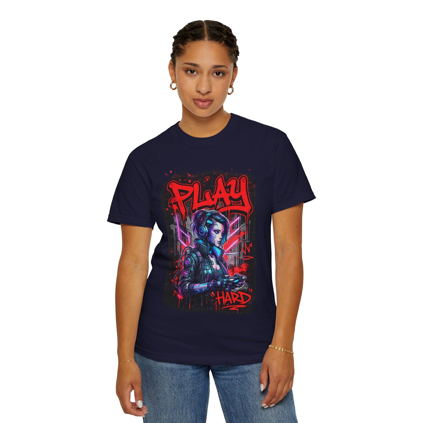 Play Hard Gamer T-Shirt — Neon Cyberpunk Video Game Tee