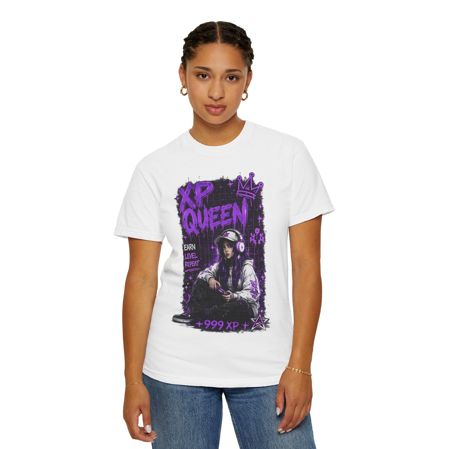XP Queen T‑Shirt — Gamer Girl Graphic Tee (Earn Level Repeat +999 XP)