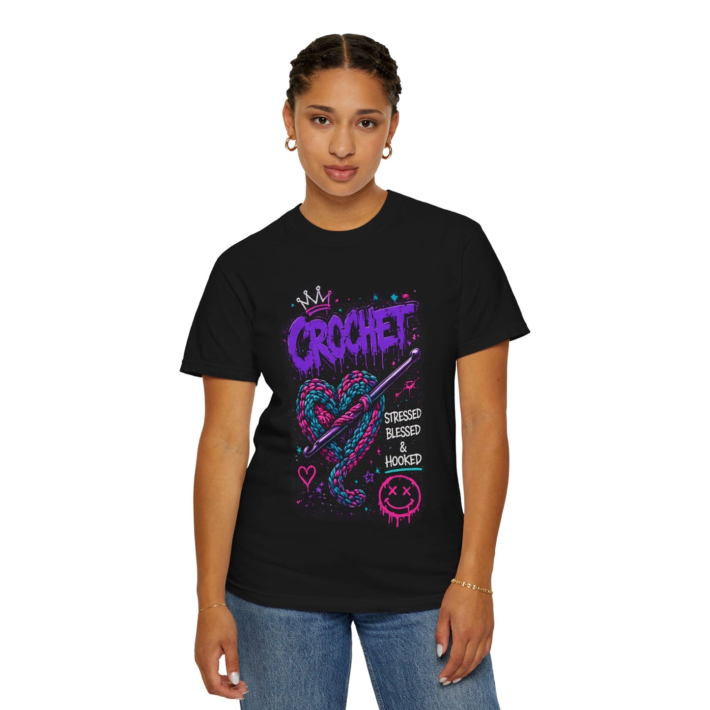 Crochet Graphic T-Shirt — "Stressed Blessed & Hooked" Retro Heart Design