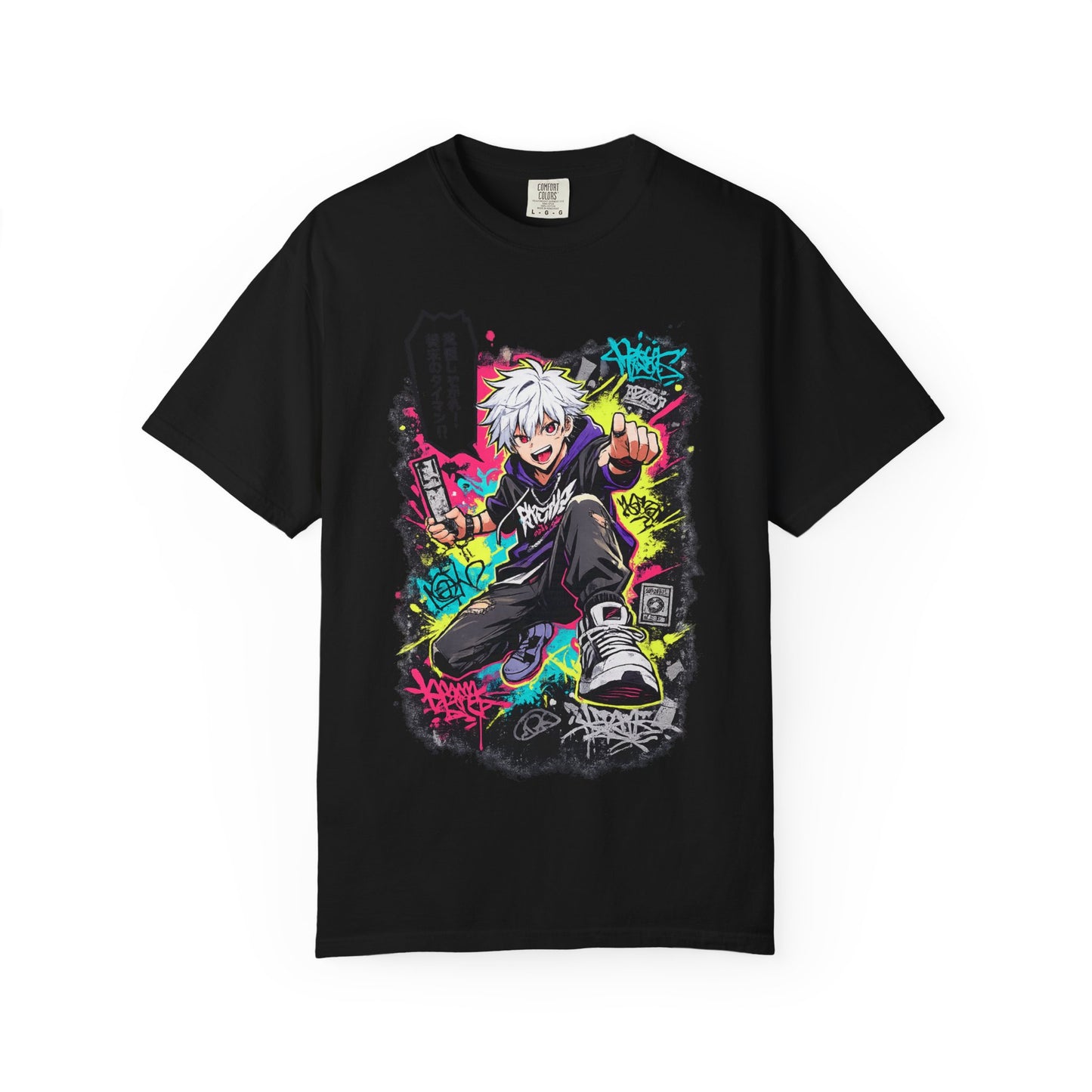 Anime Streetwear T-Shirt — Neon Urban Character Design with Japanese Text