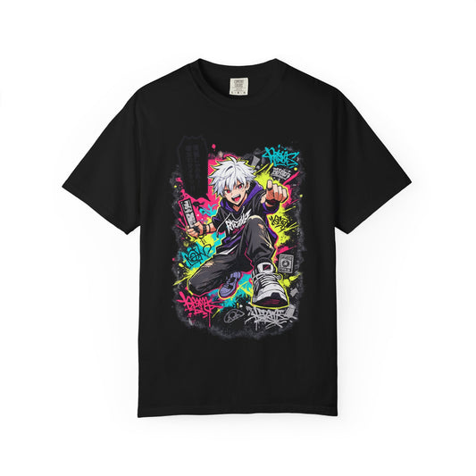Anime Streetwear T-Shirt — Neon Urban Character Design with Japanese Text