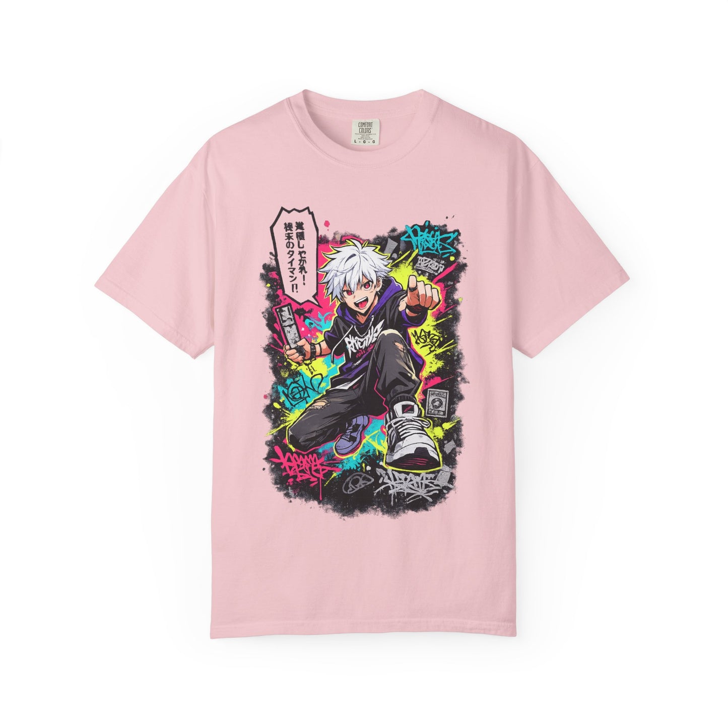 Anime Streetwear T-Shirt — Neon Urban Character Design with Japanese Text