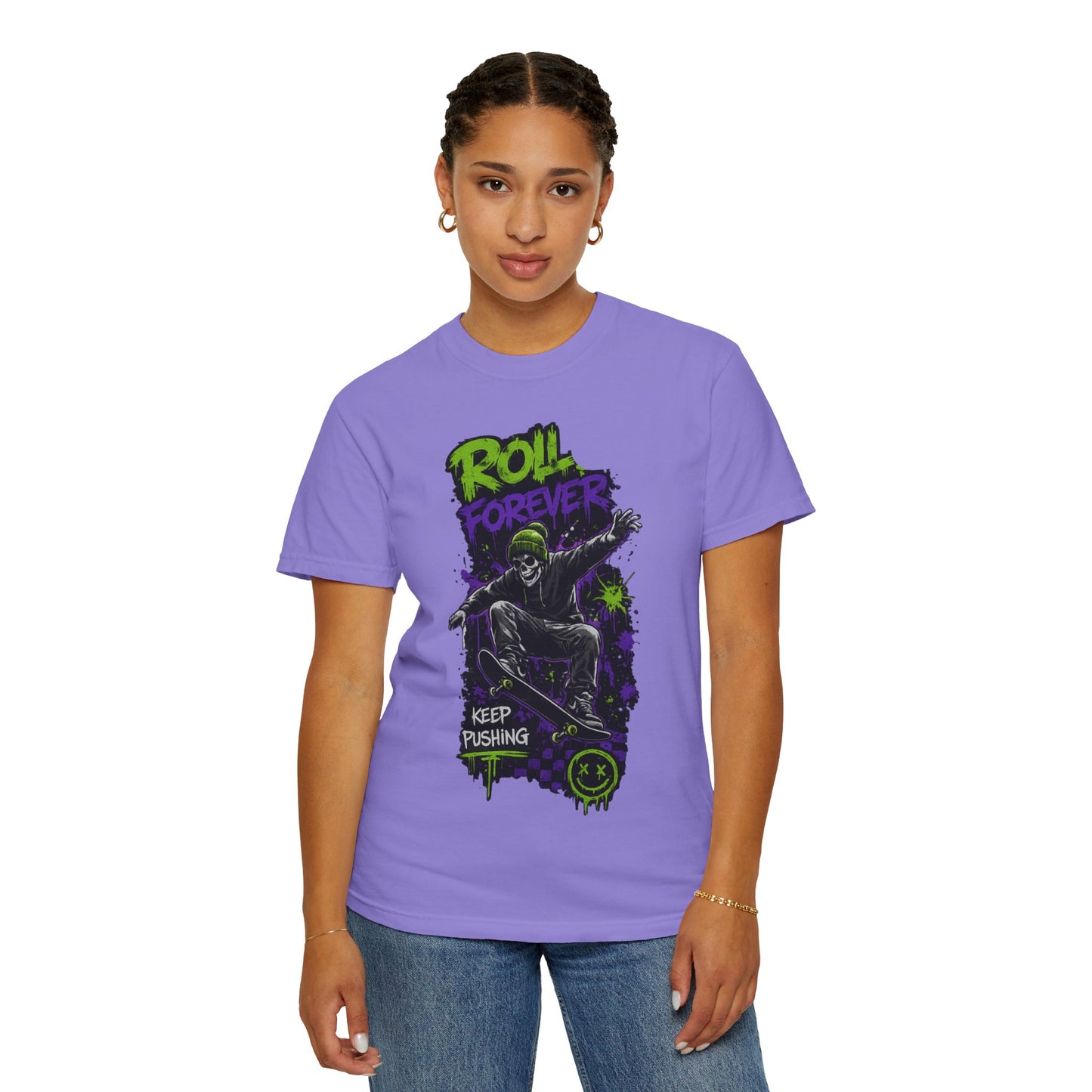Skateboard T-Shirt — "Roll Forever / Keep Pushing" Graphic Tee