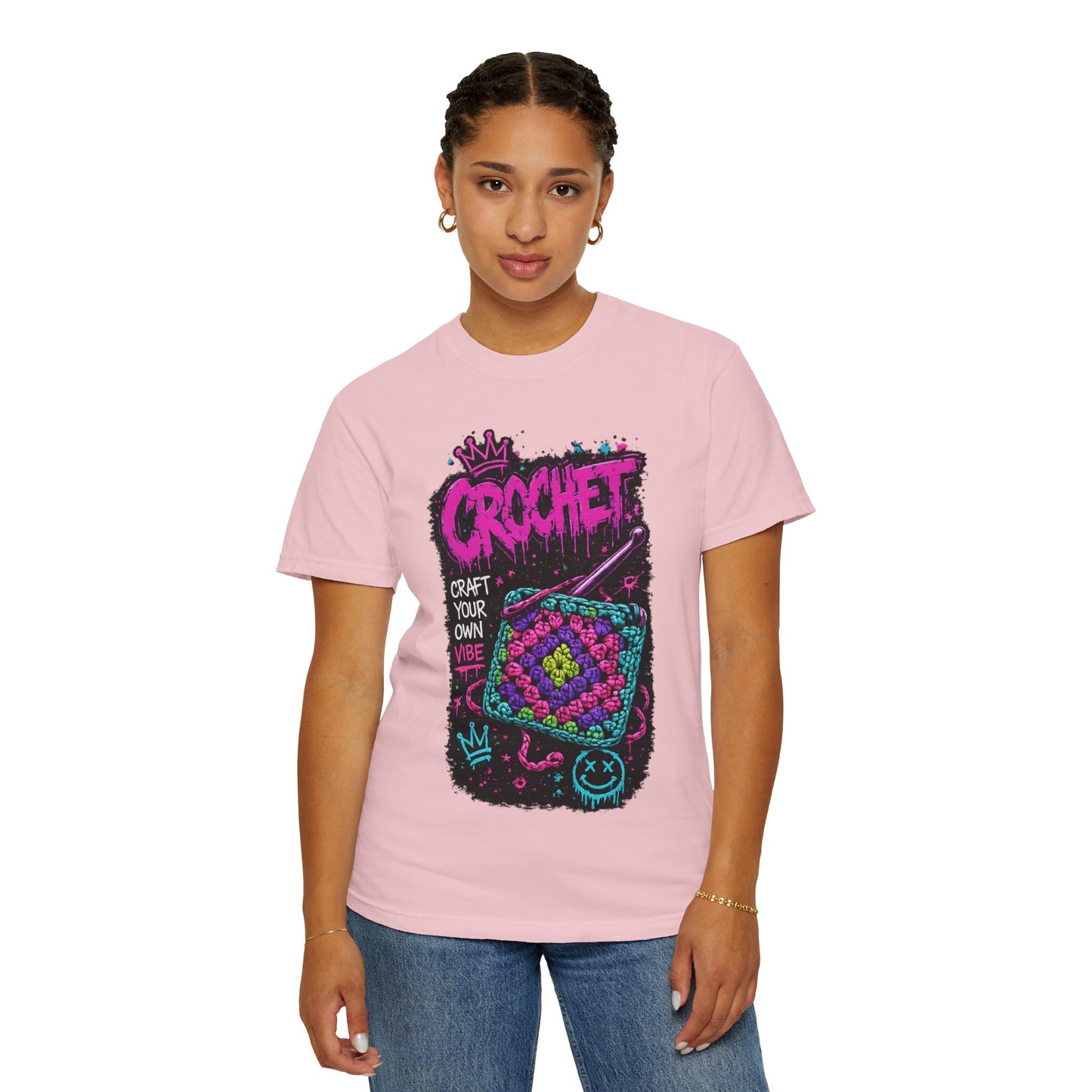 Crochet Vibes Graphic T-Shirt — "Craft Your Own Vibe" Retro Neon Crochet Design