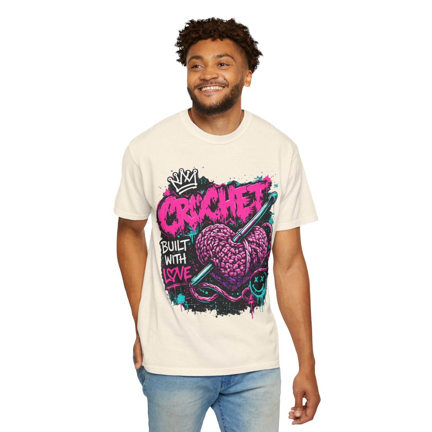 Crochet Built With Love T-Shirt — Retro Graffiti Heart Crochet Tee
