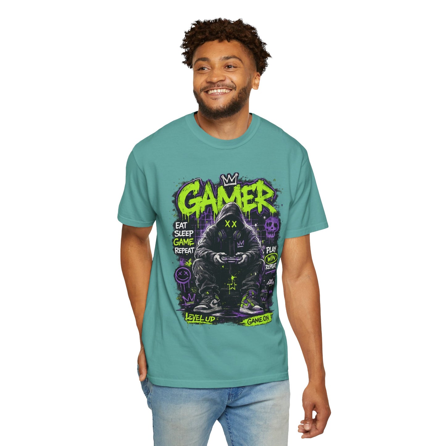 Gamer Hooded Figure Graphic T-Shirt | Neon Green Purple Streetwear