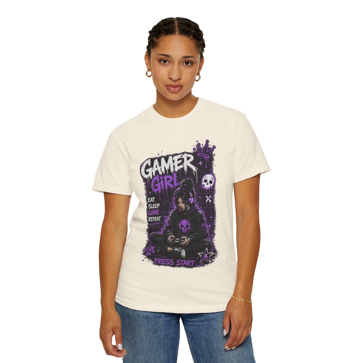 Gamer Girl T-Shirt — Retro Purple Gaming Graphic Tee ("Eat Sleep Game Repeat")