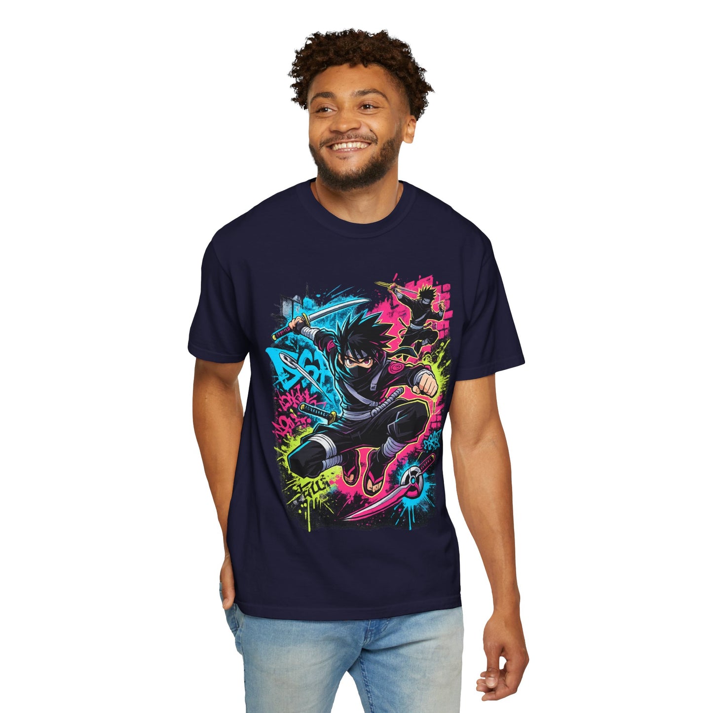 Anime Ninja Street Art T-Shirt — Neon Graffiti Graphic Tee