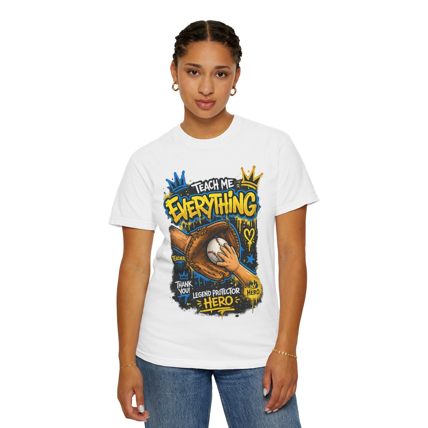 Teach Me Everything baseball glove and ball T-Shirt | Teacher coach appreciation graphic tee