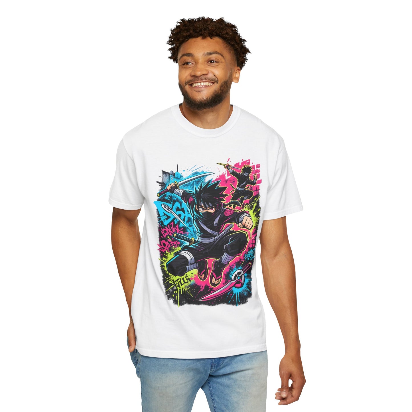 Anime Ninja Street Art T-Shirt — Neon Graffiti Graphic Tee
