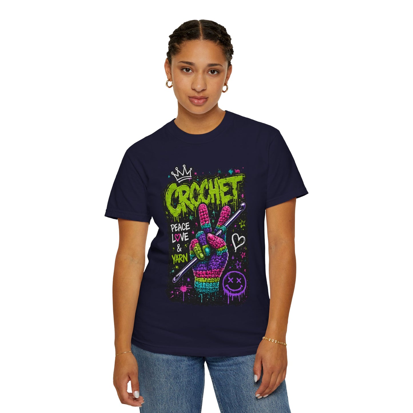 Crochet Peace Sign T-Shirt — "Crochet: Peace, Love & Yarn" Graphic Tee