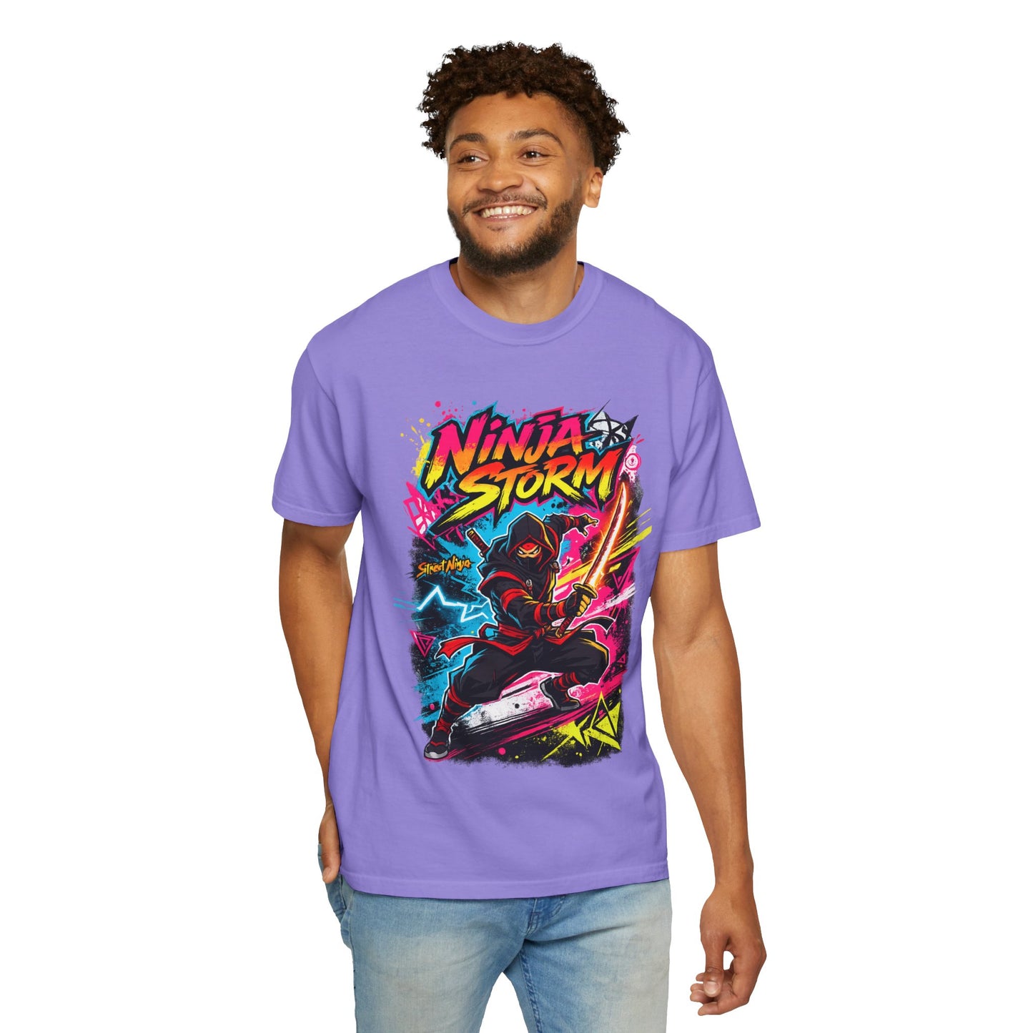 Ninja Storm Graphic T-Shirt — Neon Samurai Surf Design
