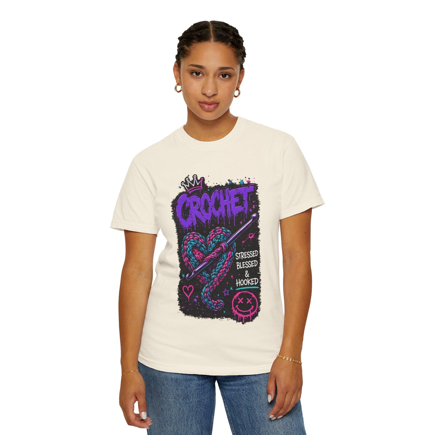 Crochet Graphic T-Shirt — "Stressed Blessed & Hooked" Retro Heart Design
