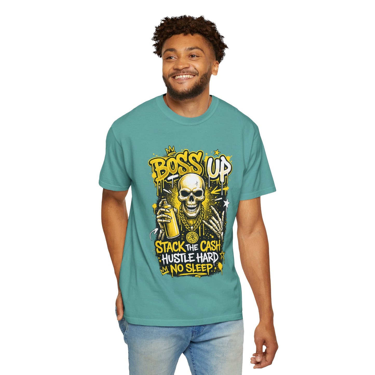 Boss Up Skull Hustle T-Shirt — "Stack the Cash, Hustle Hard, No Sleep" Graphic Tee