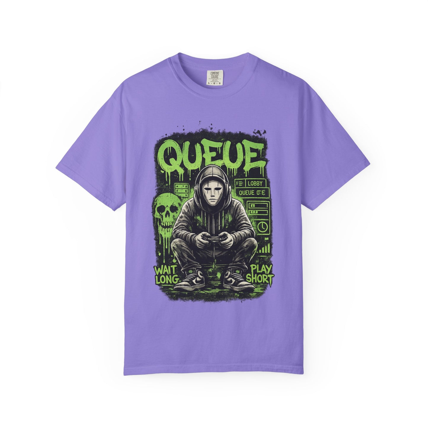 Queue Gamer Hoodie T-Shirt | Waiting Player Graphic Tee, Neon Green Skull Art