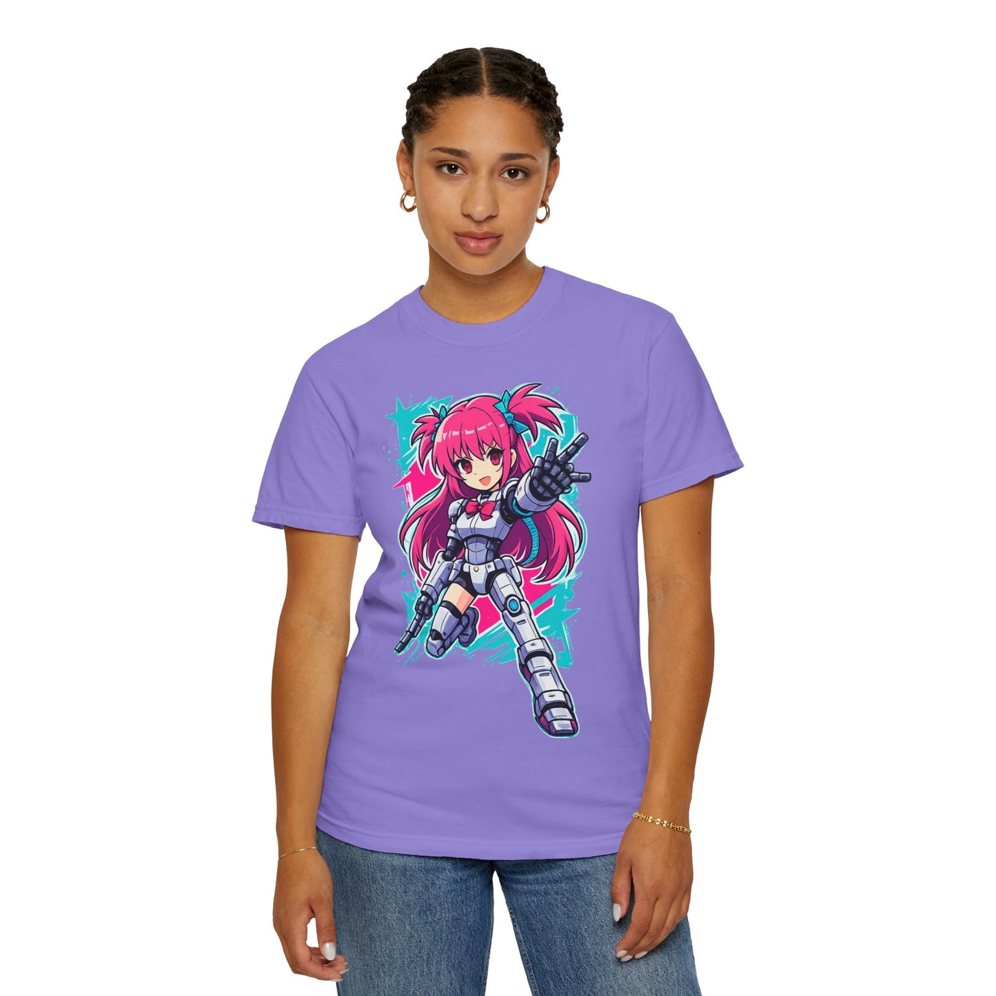 Anime Mecha Girl T-Shirt — Pink Cyberpunk Warrior Tee