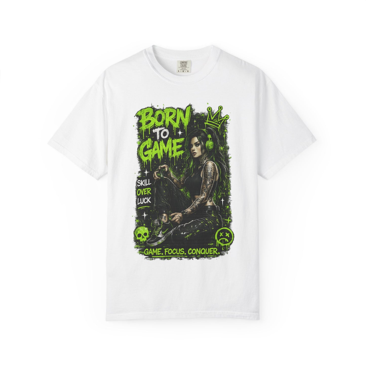Born to Game Graphic T-Shirt — Gamer Skull & Neon Green Design