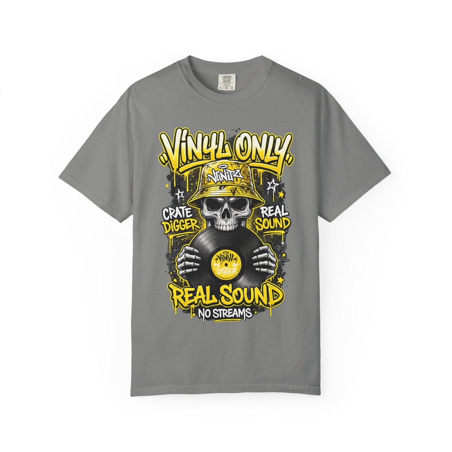 Vinyl Only Skull T-Shirt – "Real Sound, No Streams" Retro DJ Tee
