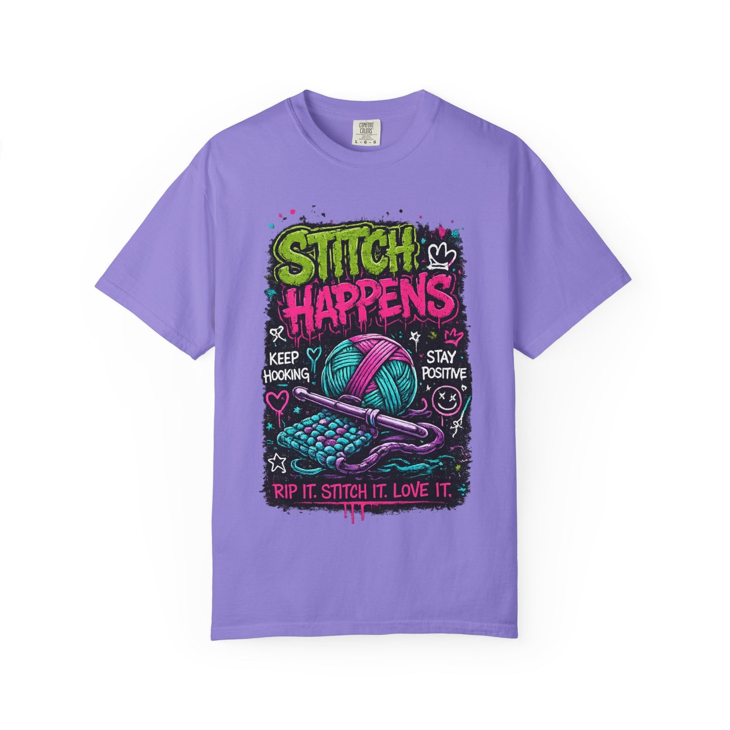 Stitch Happens T-Shirt — Funny Knitting & Crochet Graphic Tee
