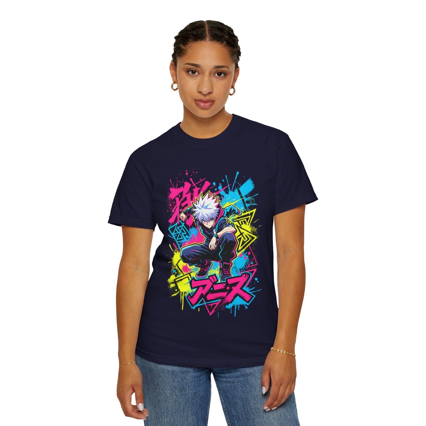Anime Graphic T-Shirt — Vibrant Neon Jujutsu Kaisen Style Design