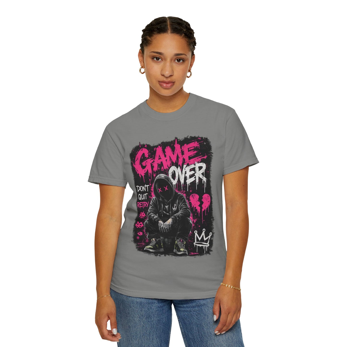 Game Over Graphic T-Shirt — Urban Streetwear Tee with Hooded Figure & 'Don't Quit, Retry' Design
