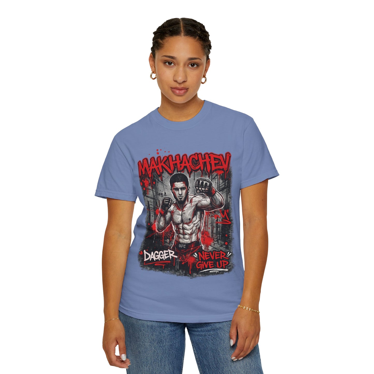 Makhachev MMA Fighter T-Shirt — 'Dagger Never Give Up' Graphic Tee