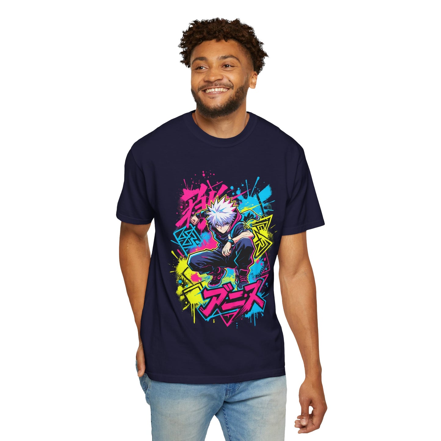 Anime Graphic T-Shirt — Vibrant Neon Jujutsu Kaisen Style Design