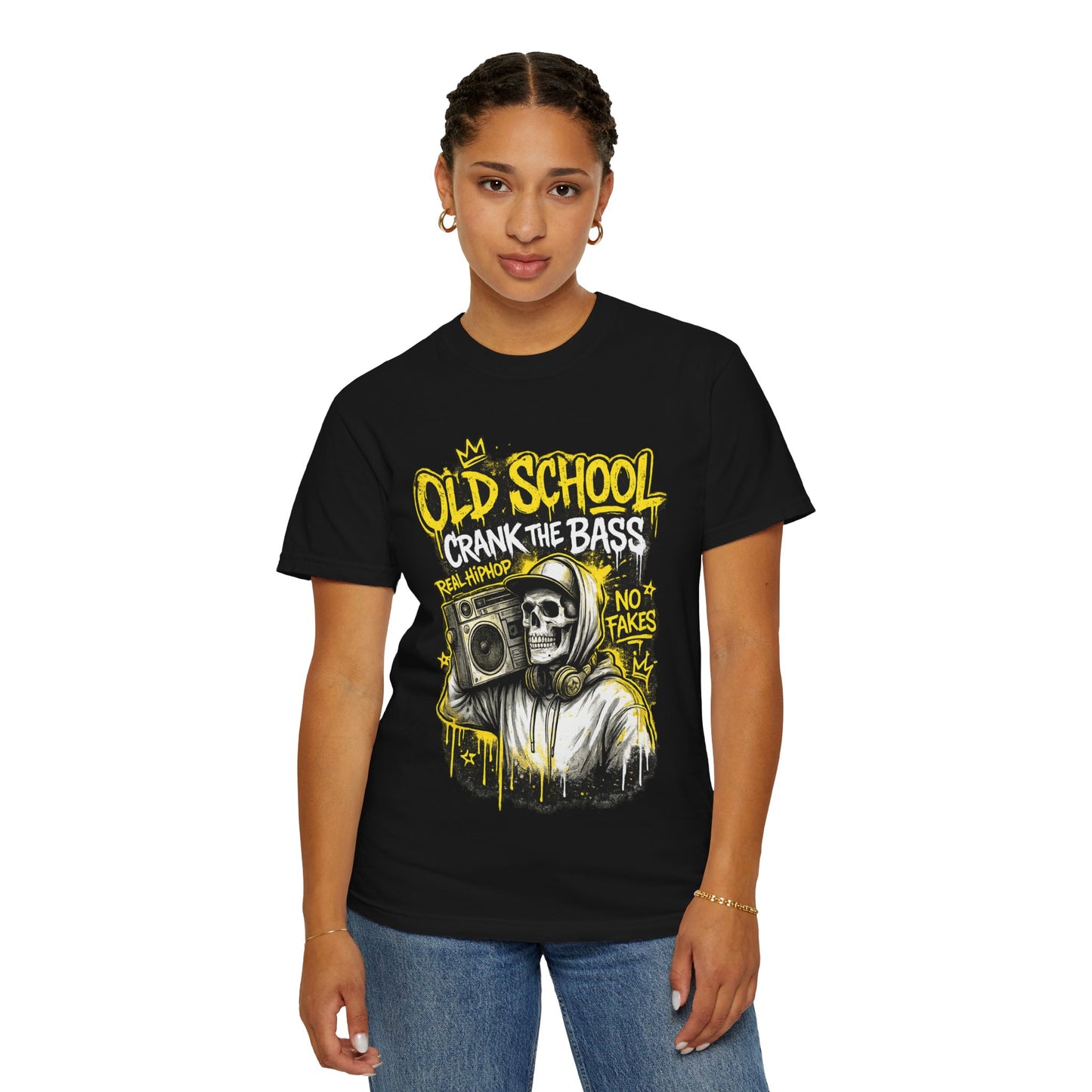Old School Crank the Bass T-Shirt — Retro Hip Hop Skull Boombox Tee