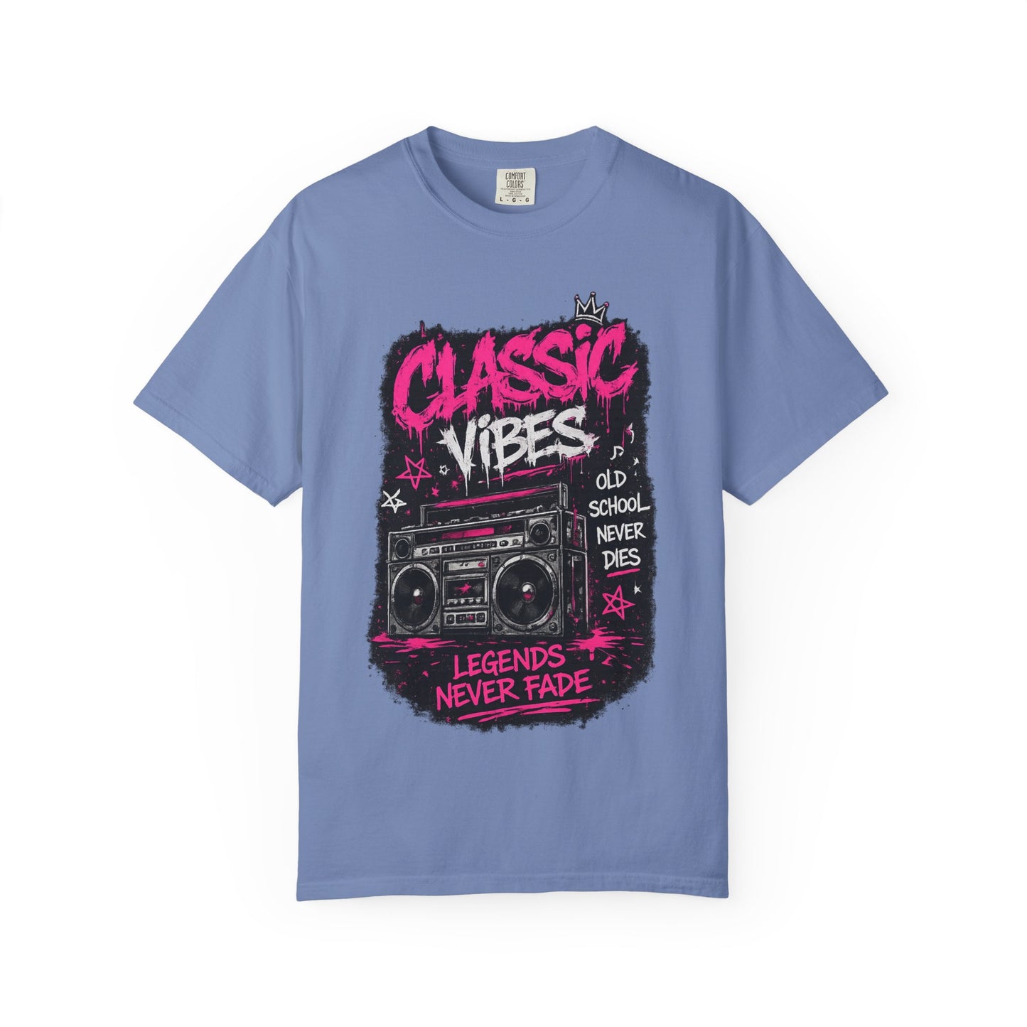 Classic Vibes T-Shirt — 'Legends Never Fade' Retro Boombox Graphic