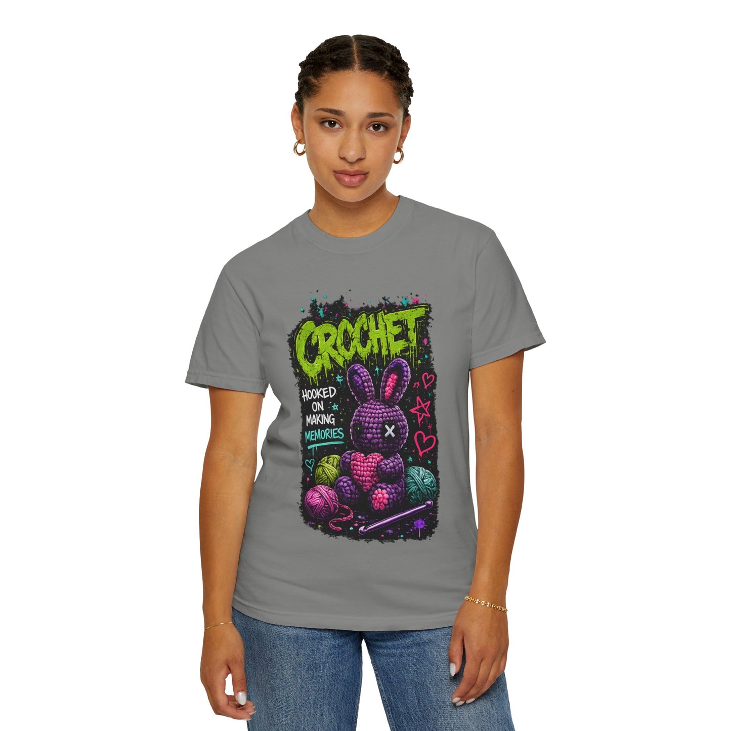 Crochet Bunny Graphic T-Shirt — “Hooked on Making Memories”