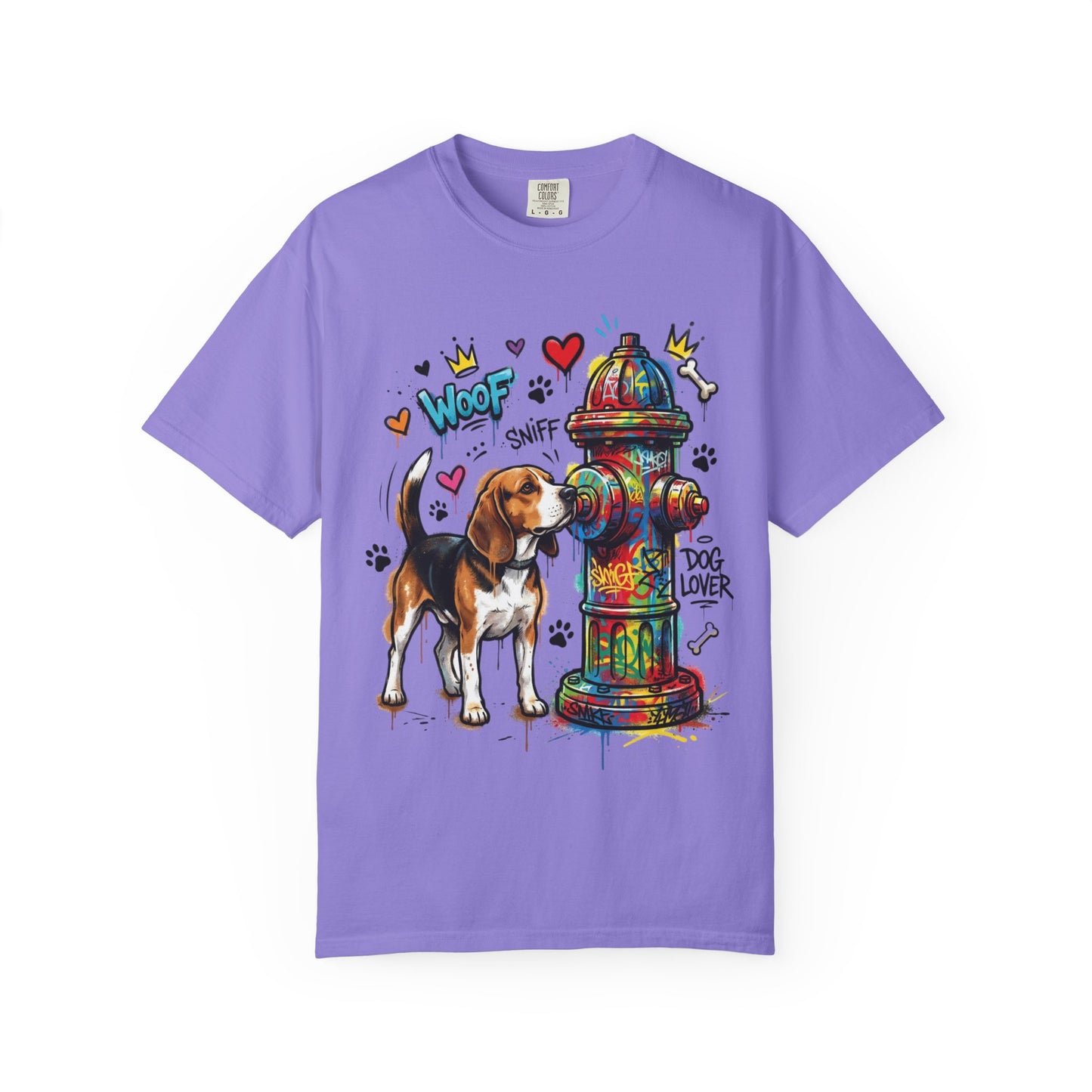 Beagle Dog Lover T-Shirt — Colorful Hydrant & 'Woof Sniff' Graphic