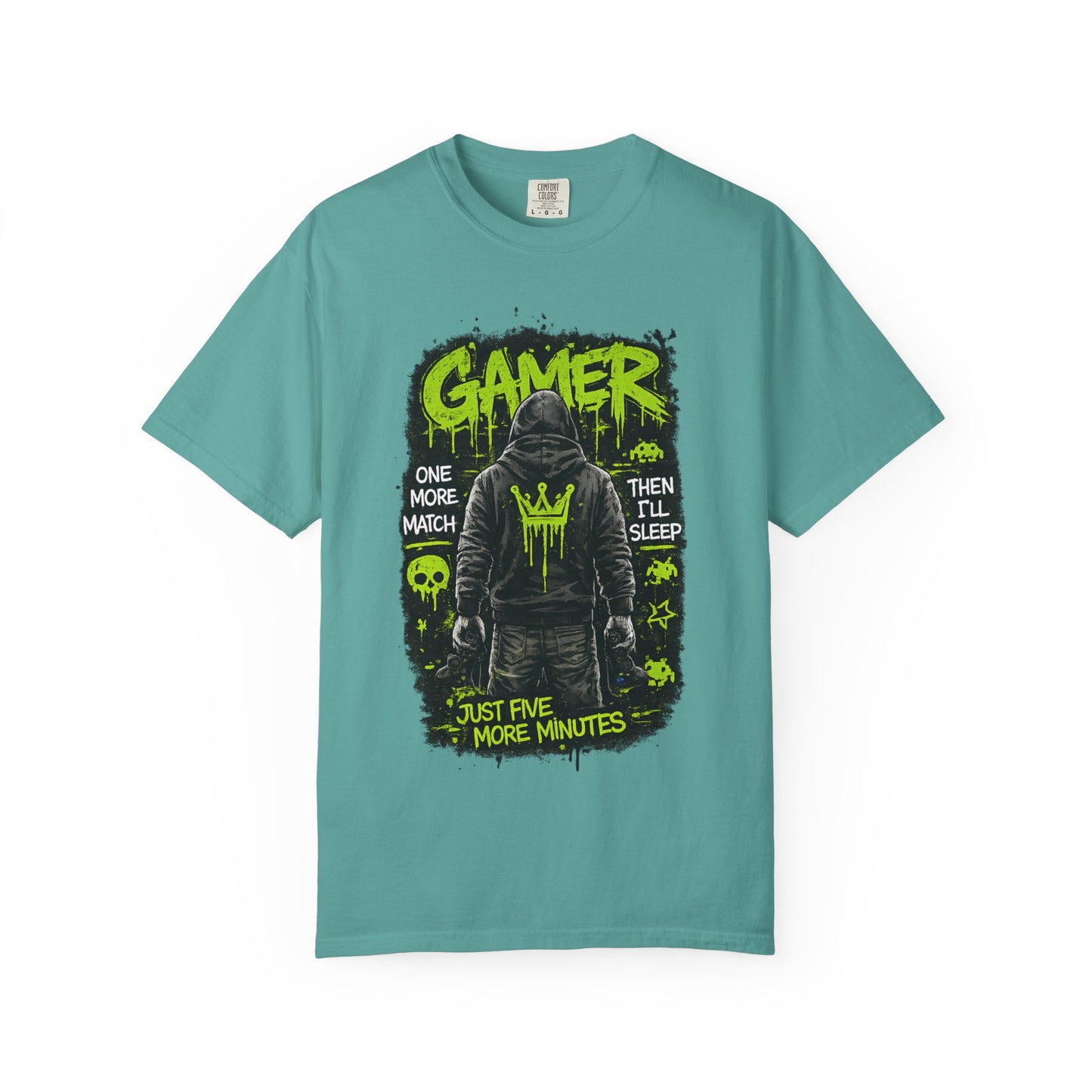 Gamer Hoodie-Style Graphic T-Shirt | Neon Green Skull, 'Just Five More Minutes'