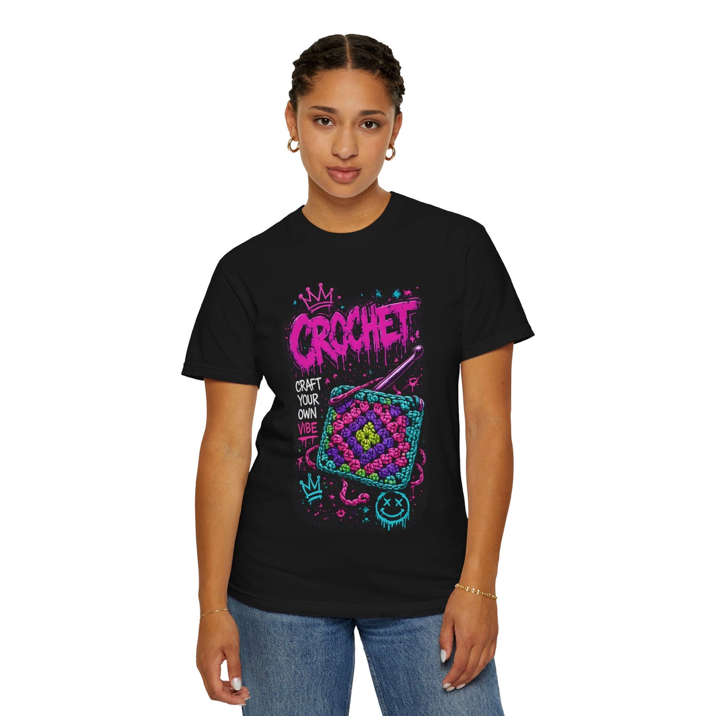 Crochet Vibes Graphic T-Shirt — "Craft Your Own Vibe" Retro Neon Crochet Design
