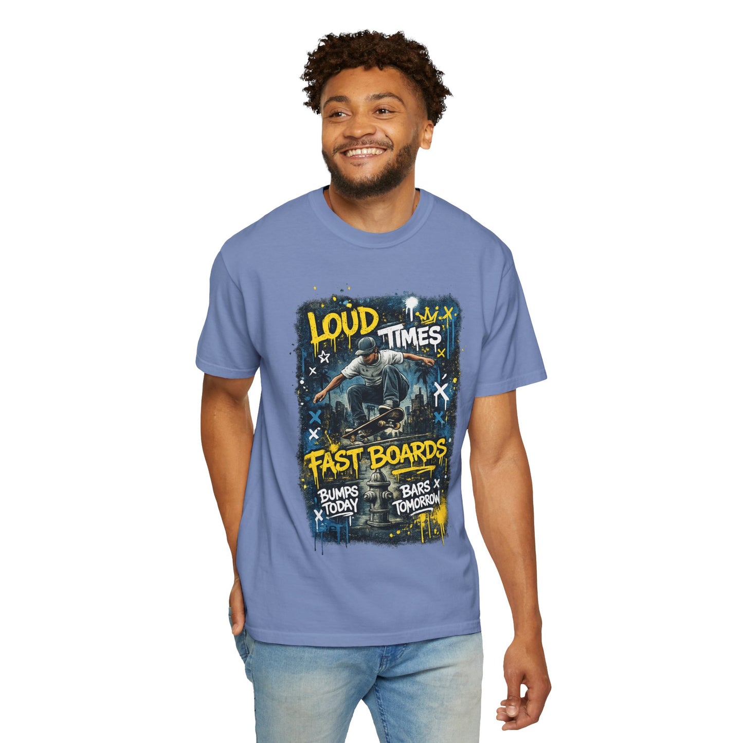 Skateboard Graphic T-Shirt — "Loud Times, Fast Boards" Vintage Skate Tee